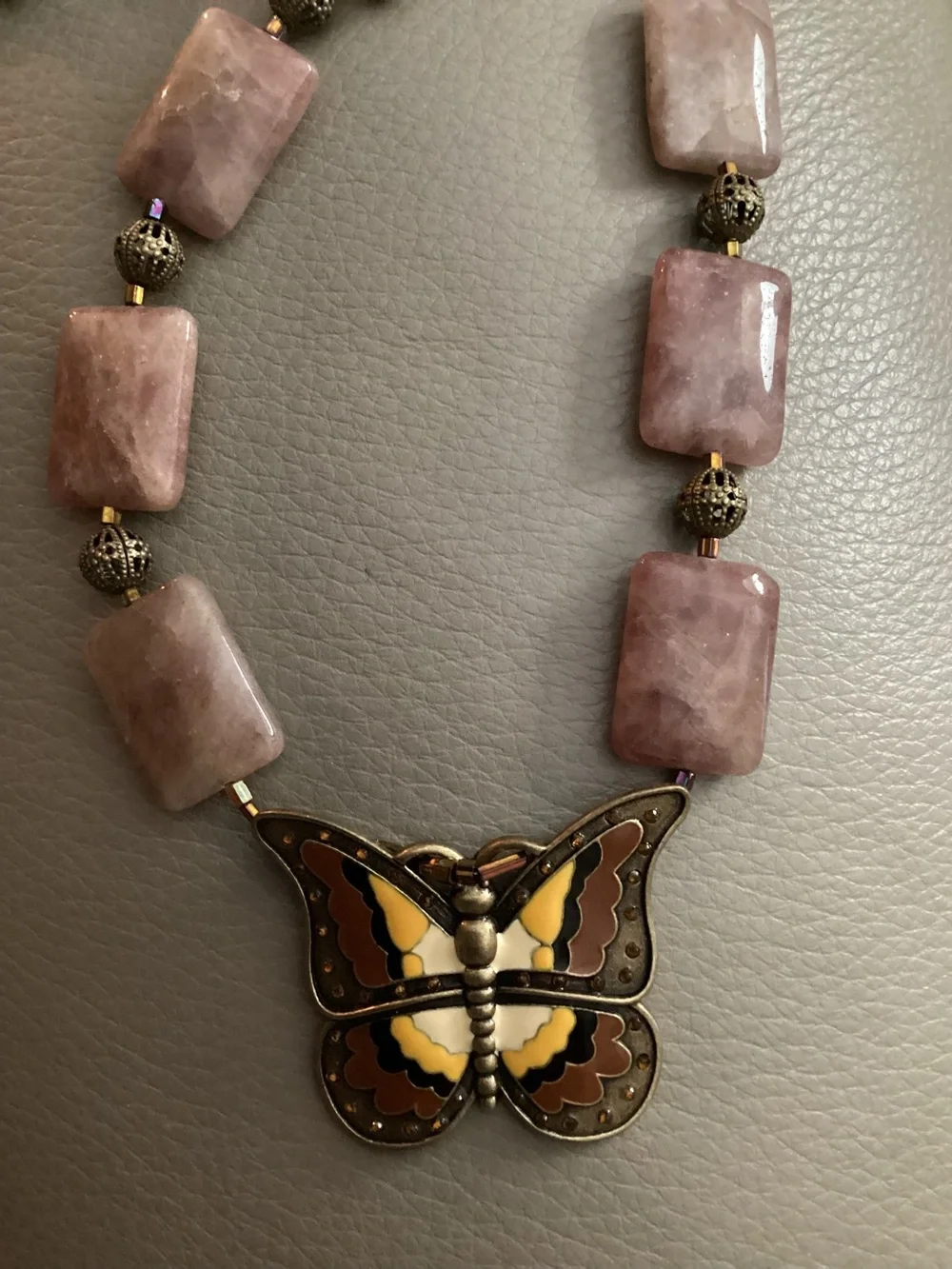 Large Strawberry Quartz Necklace with Butterfly Pendant